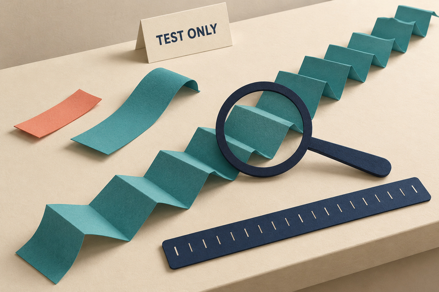 Short, medium, and long folded paper ribbons sit on a TEST ONLY bench beside a navy magnifying glass and an unnumbered ruler.