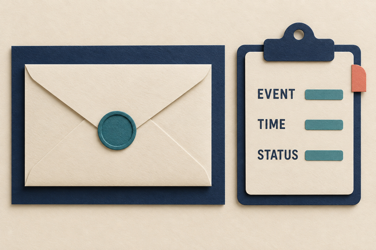 A sealed cream envelope with a teal seal sits beside a clipboard labeled EVENT, TIME, and STATUS with abstract teal bars.