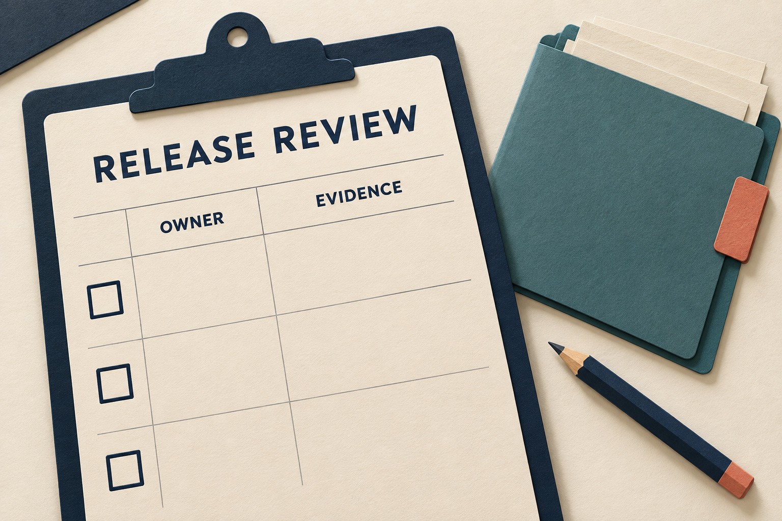 A RELEASE REVIEW clipboard has three empty checkboxes and blank OWNER and EVIDENCE columns beside a teal folder and navy pencil.