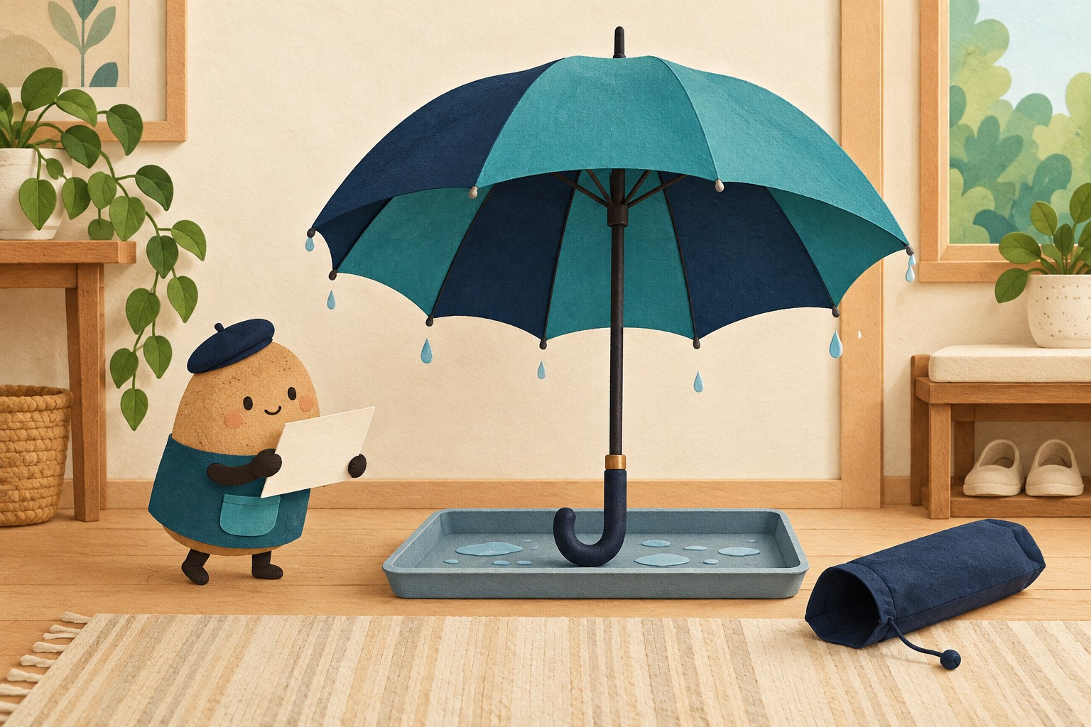 Open teal umbrella above a drip tray, separate sleeve and a potato clerk holding a blank card.