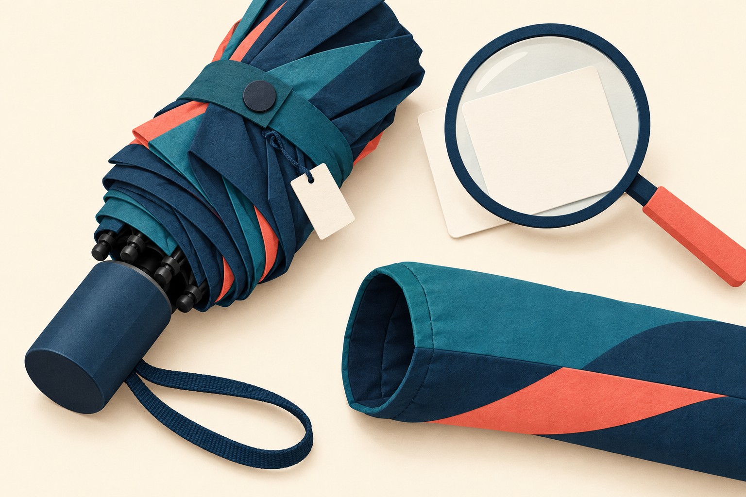 Folded compact umbrella with a blank tag, a blank card under a magnifier and a separate sleeve.