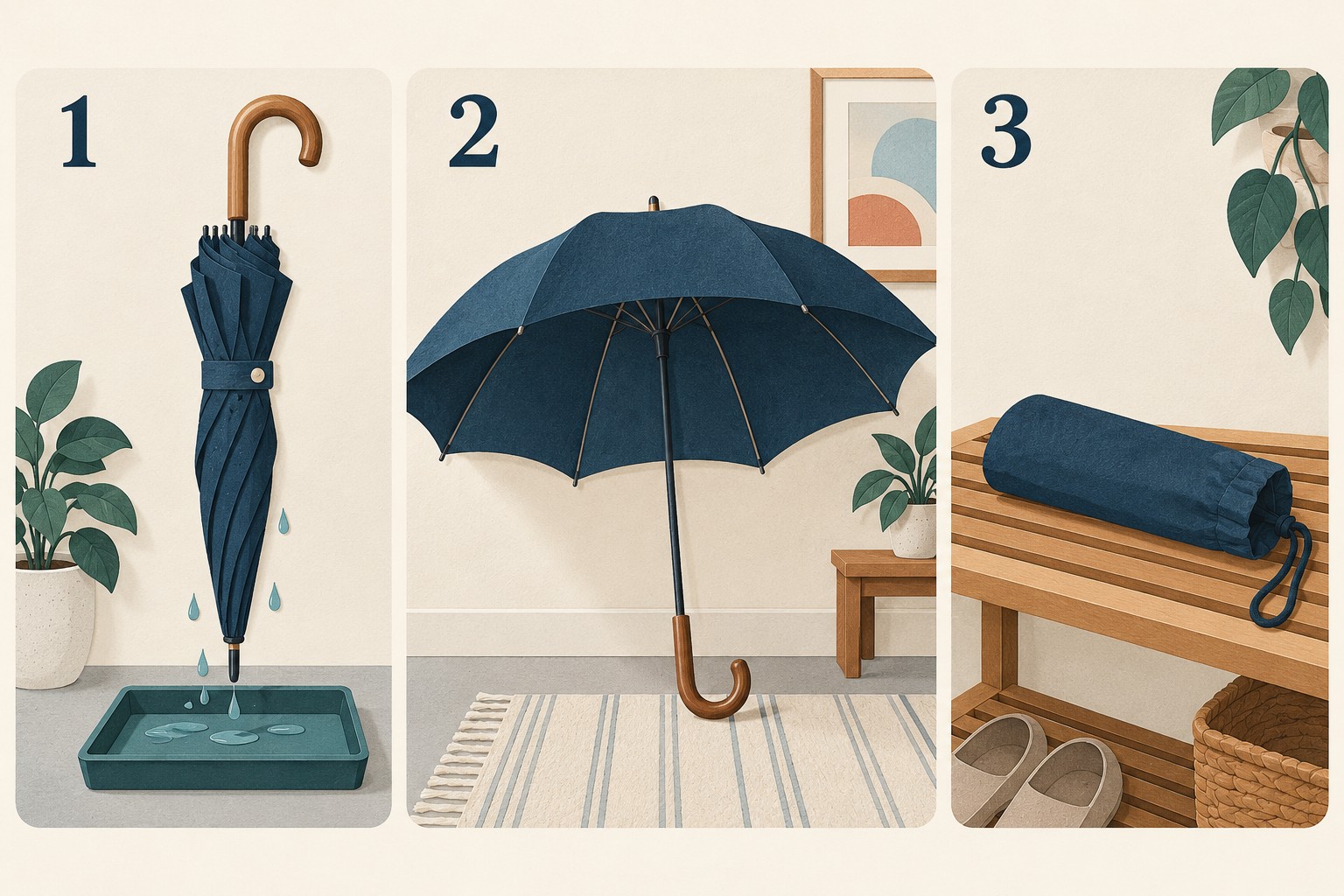 Three numbered panels show a closed umbrella dripping, an open umbrella and a separate sleeve.