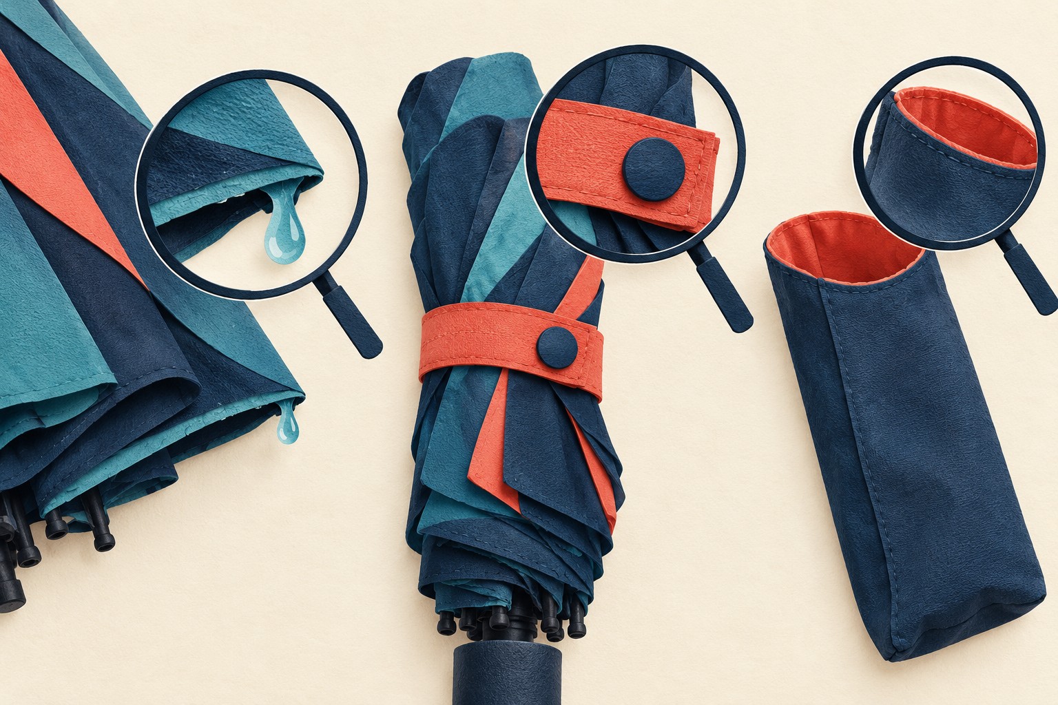 Magnifiers highlight canopy folds with droplets, a fastening strap and an empty sleeve.