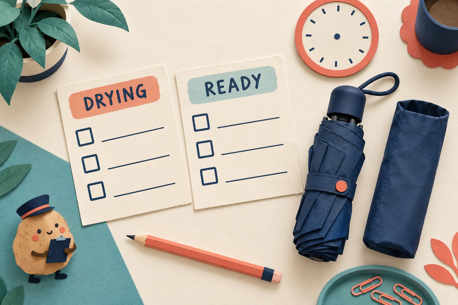 Two cards labelled DRYING and READY sit beside a compact umbrella and its separate sleeve.
