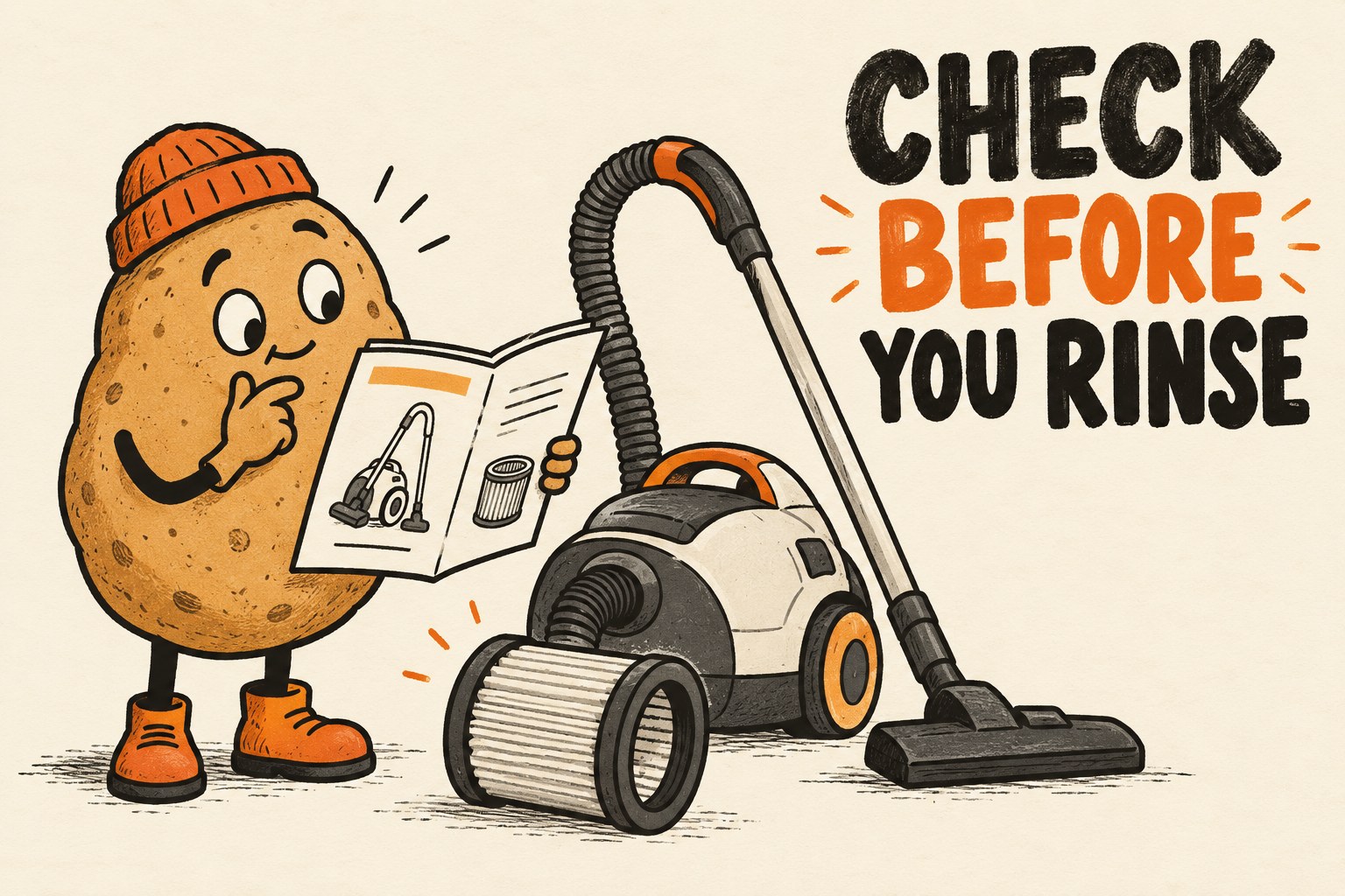 A potato reads a manual beside a generic vacuum and filter beneath Check Before You Rinse.