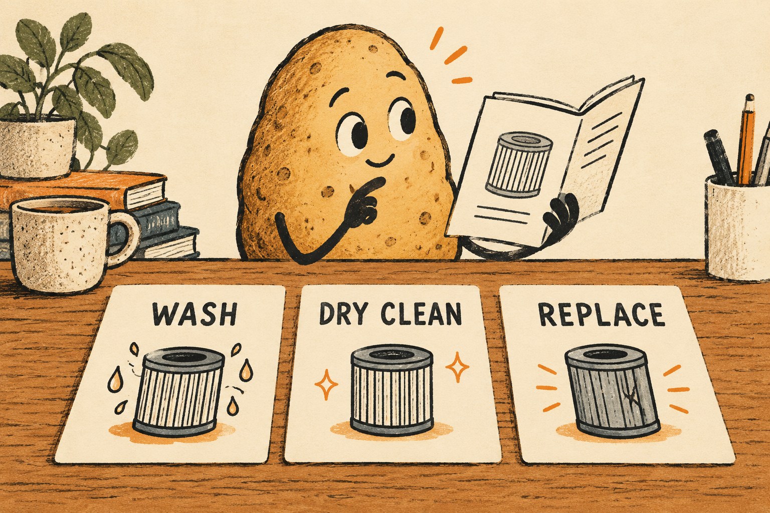 A potato consults a manual above separate Wash, Dry Clean and Replace cards.