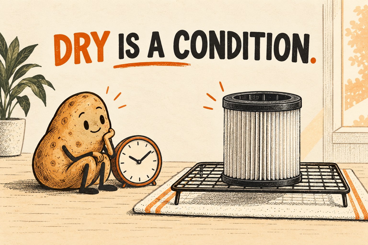 A potato waits beside a clock and a filter on a drying rack beneath Dry Is a Condition.