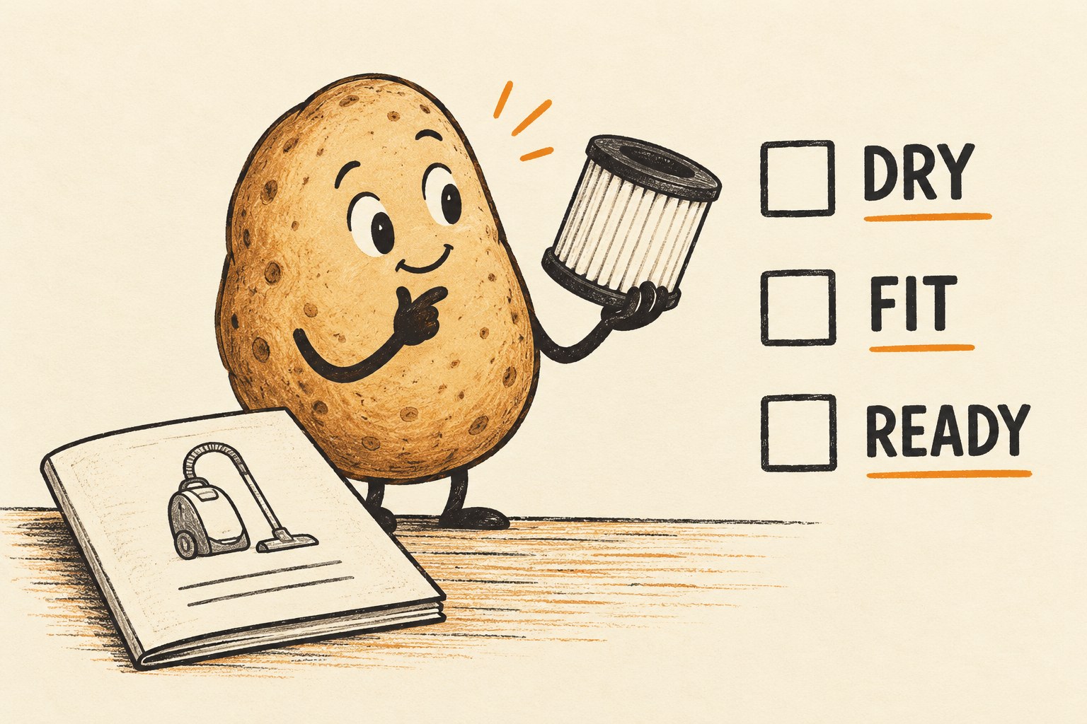 A potato inspects a filter beside empty Dry, Fit and Ready checkboxes and a manual.