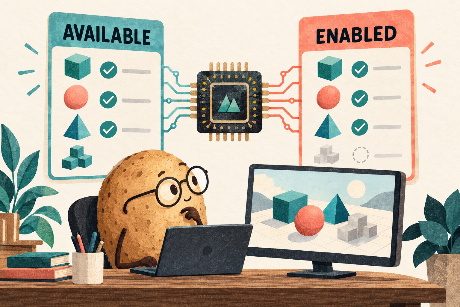 A potato engineer compares AVAILABLE and ENABLED cards beside a GPU chip and an illustrative scene.