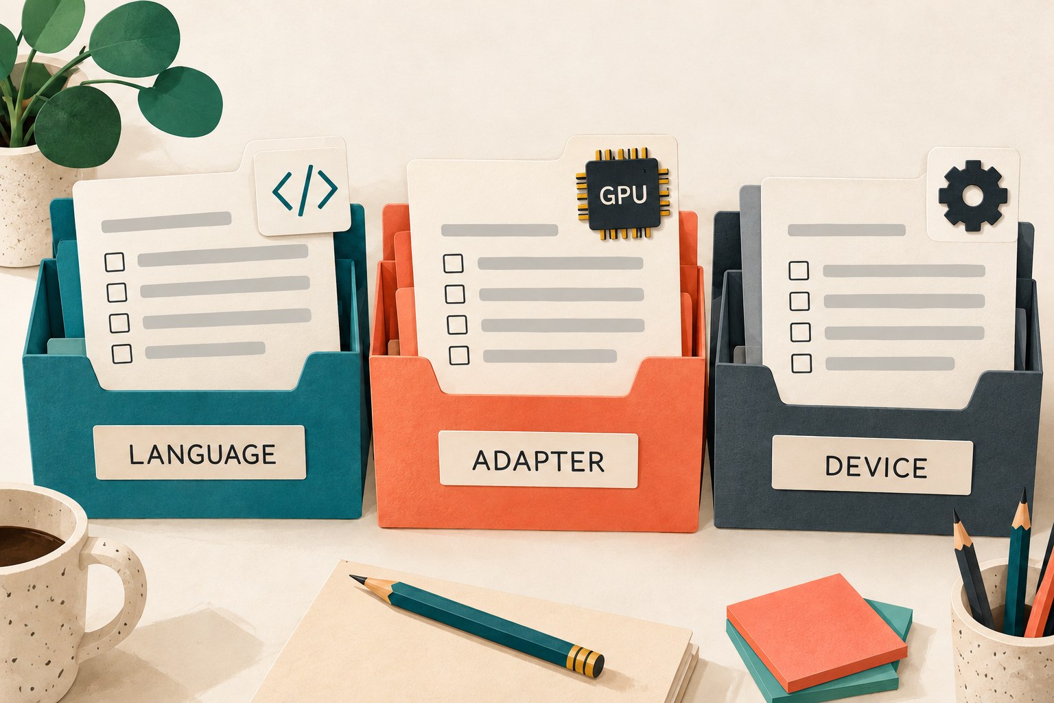 Three folders labelled LANGUAGE, ADAPTER and DEVICE hold blank checklists beneath code, chip and gear symbols.