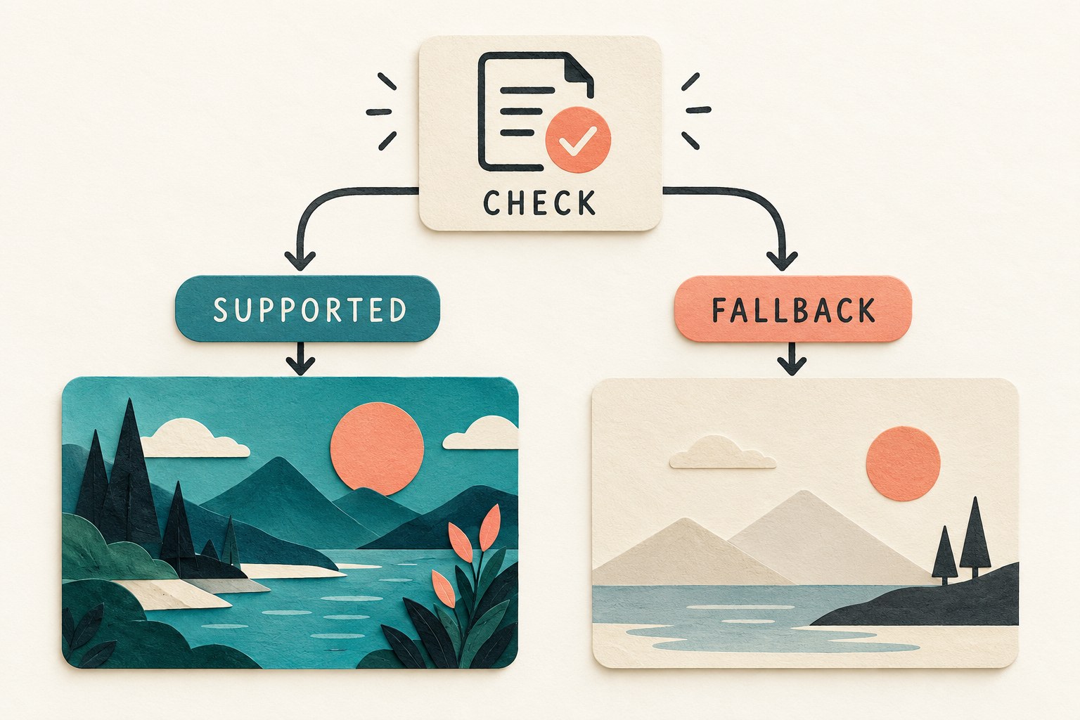 A CHECK card branches downward into SUPPORTED and FALLBACK routes with two illustrative landscapes.