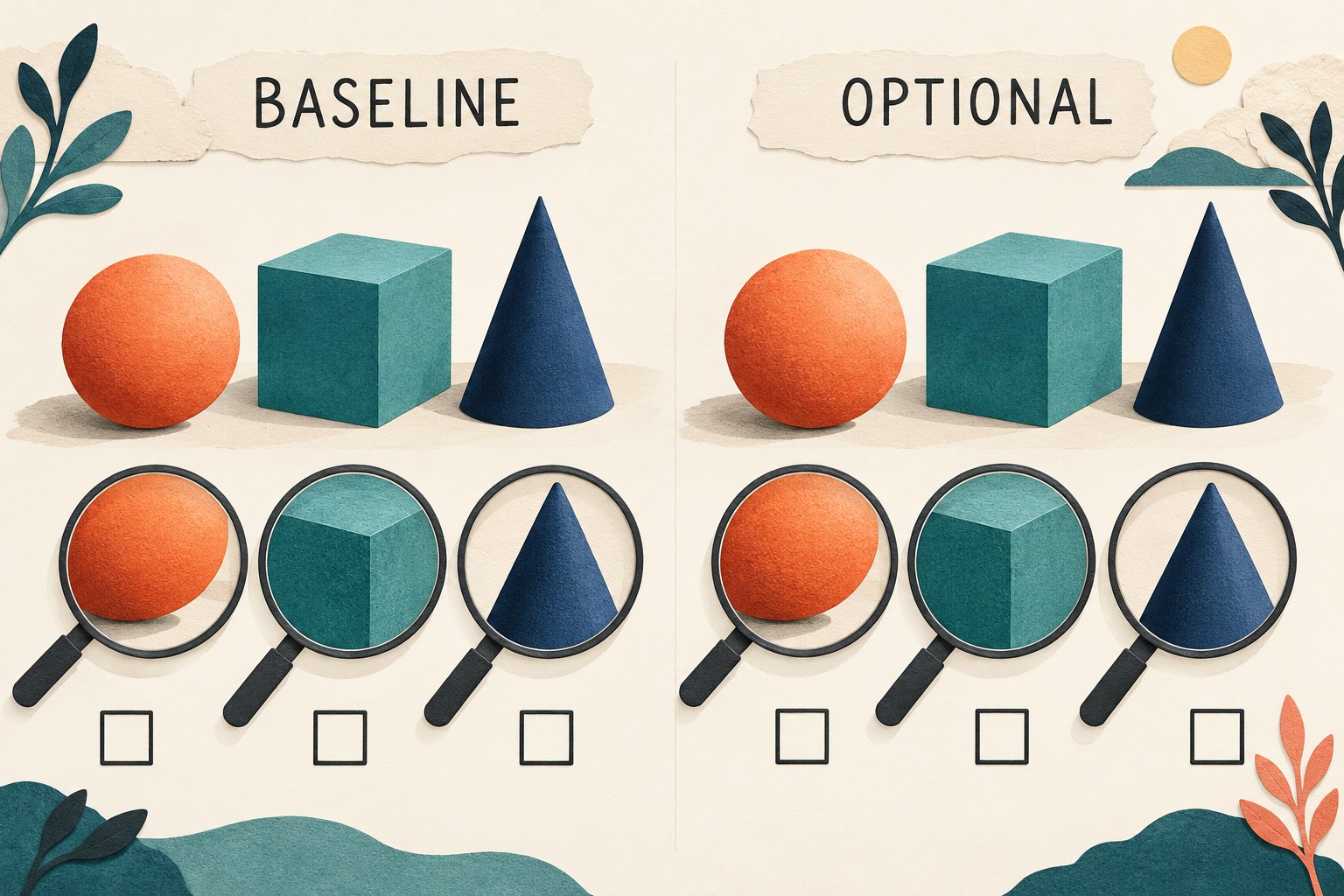 BASELINE and OPTIONAL panels show an orange sphere, teal cube and navy cone with magnifiers and empty checkboxes.