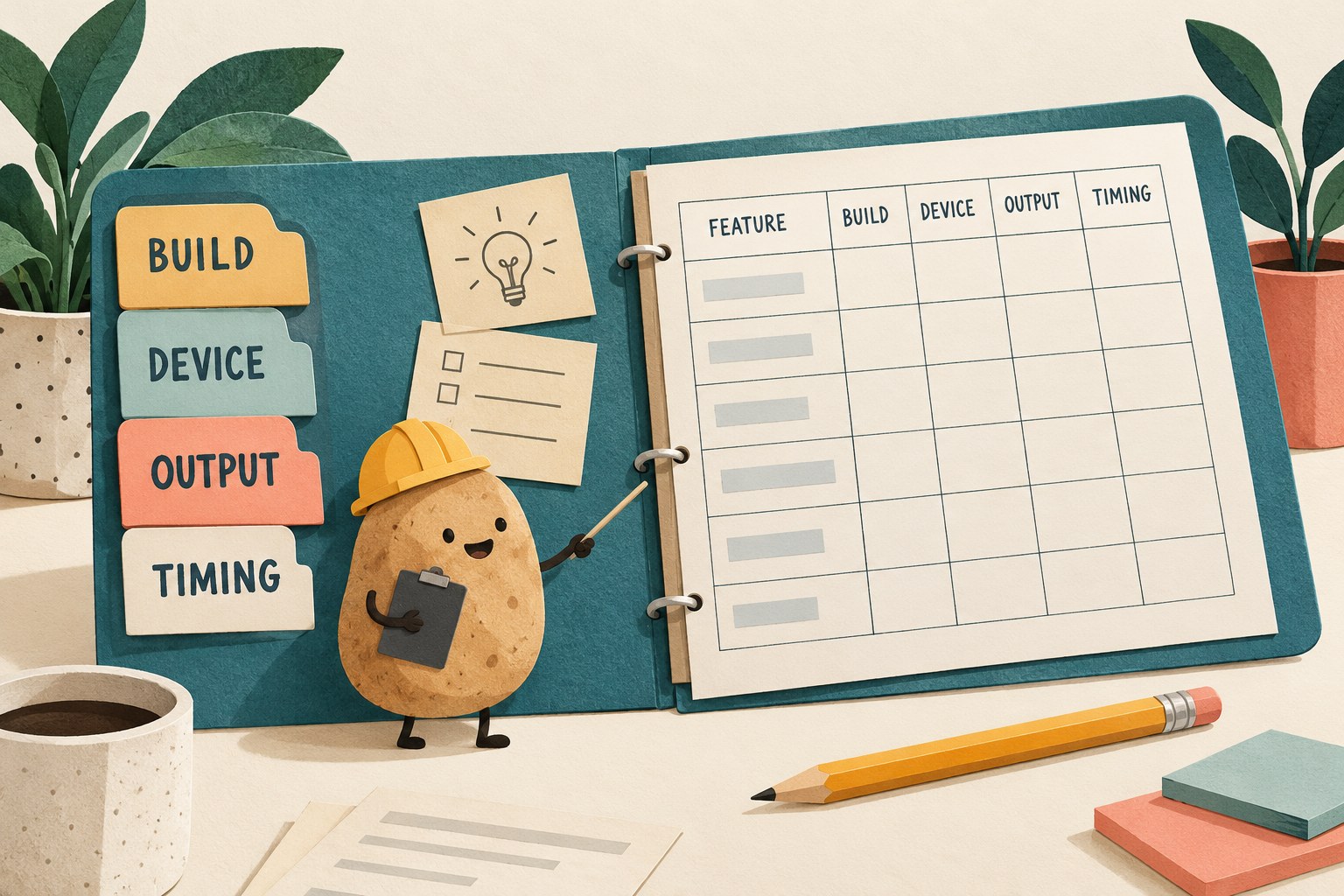 A potato engineer points to a blank matrix in a folder with BUILD, DEVICE, OUTPUT and TIMING tabs.