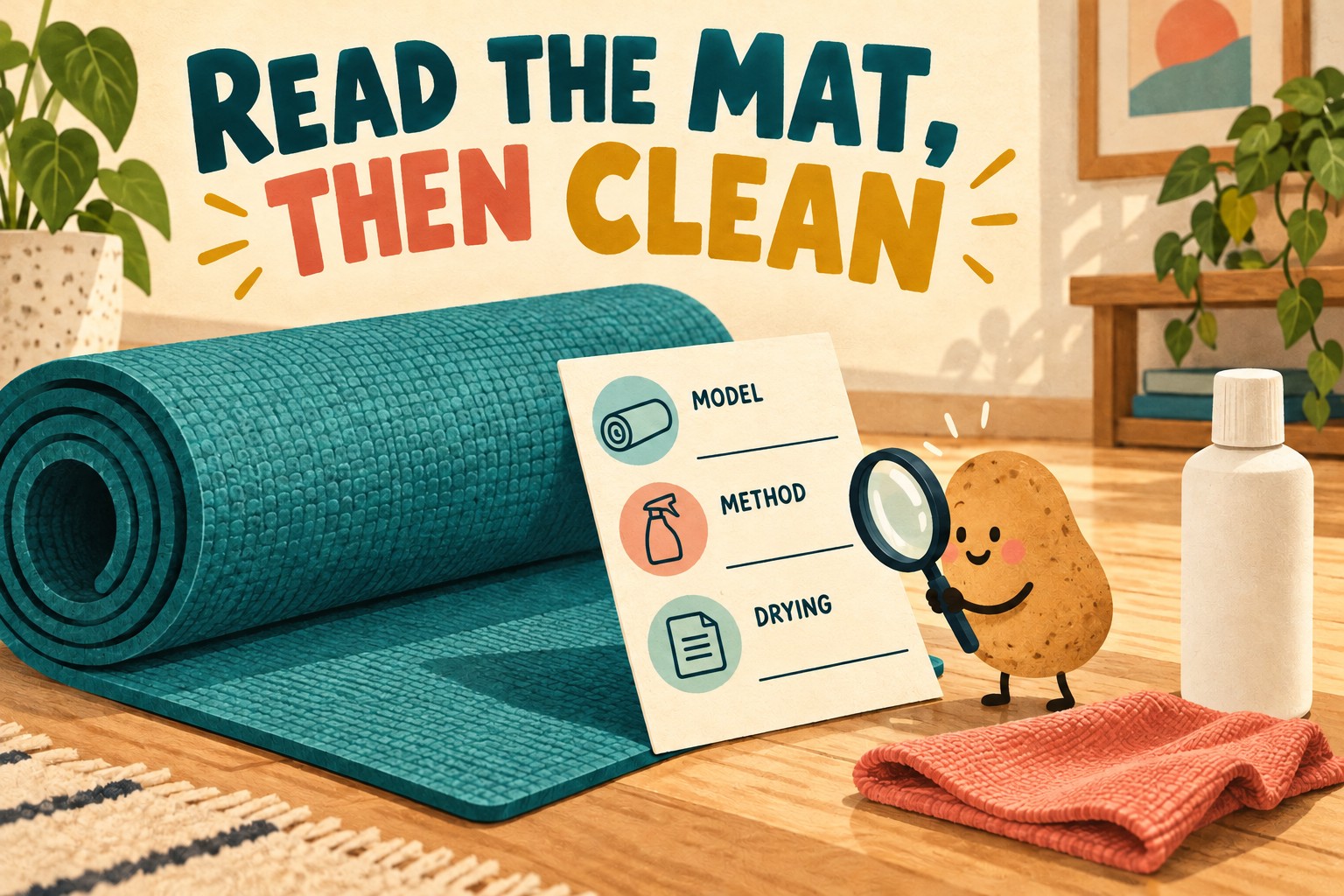 Yoga mat and cloth beside a potato helper inspecting a blank model, method and drying care card