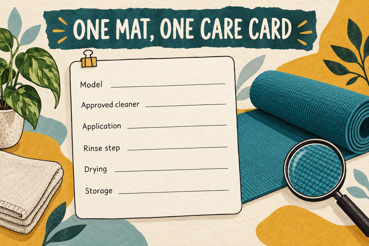 Blank yoga mat care card with model, approved cleaner, application, rinse step, drying and storage fields