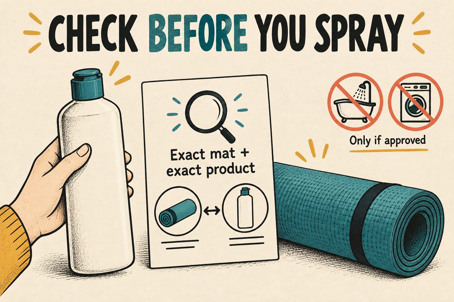 Closed bottle beside a care card matching the exact mat and product, with conditional soaking and machine washing warnings