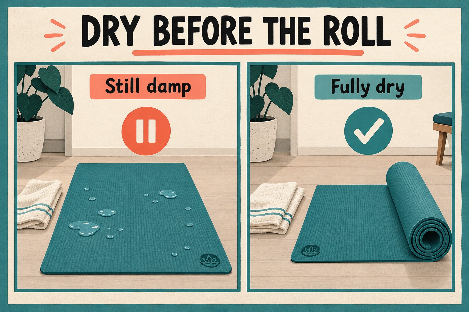 A damp unrolled mat has a pause symbol while a fully dry mat can be rolled