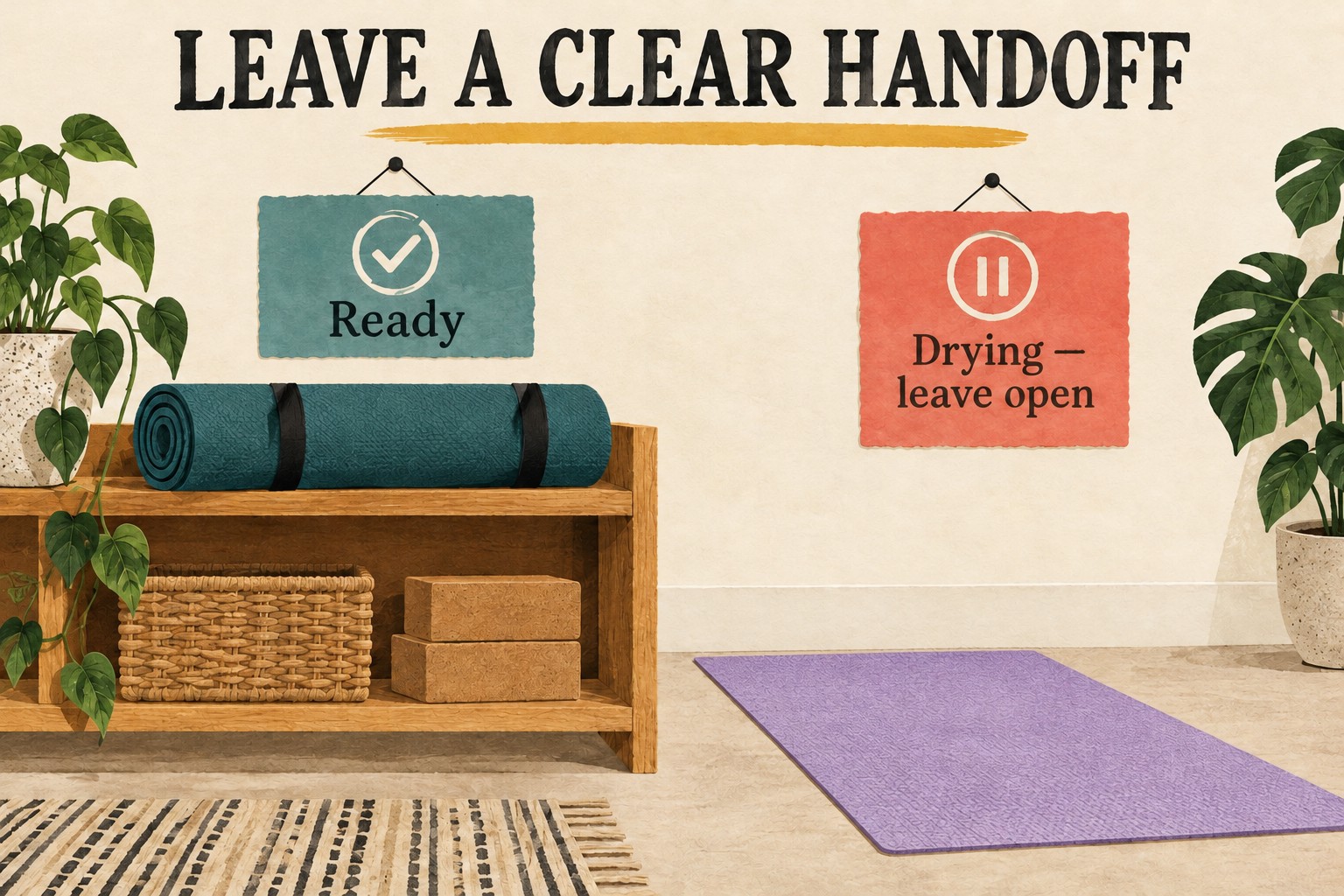 A ready rolled teal mat and a separate open lavender mat still drying have distinct status notes